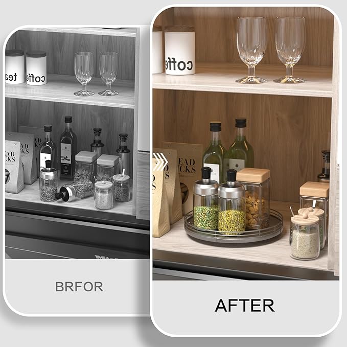 10" Silver Lazy Susan for Table Top, Oak Wood Lazy Susan Turntable Organizer for Dining Coffee Table Centerpiece Bar Decor Kitchen Countertop Bathroom Vanity Decorative Tray for Perfume Jewelry Round