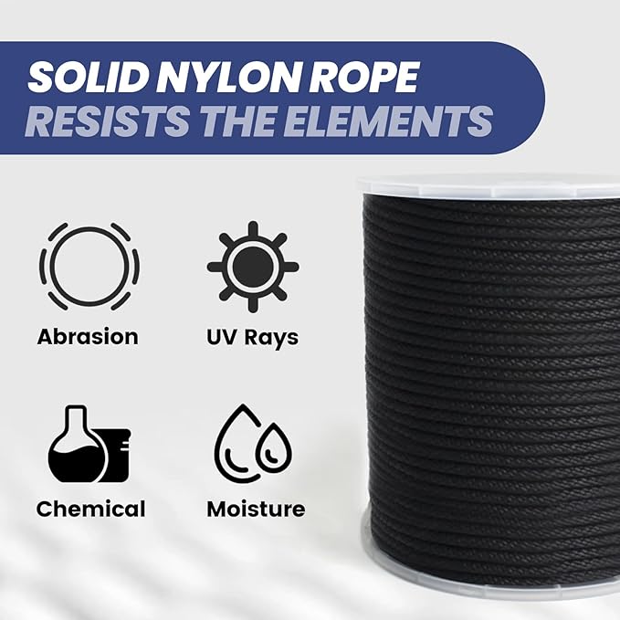 MERIANE Black Nylon Rope 1/4inch 500FT – Multipurpose Tightly Braided Rope – Abrasion & UV Resistant – Ideal Use for Camping, Clothesline, Marine, Flag Line - Solid Utility Rope for Indoor Outdoor