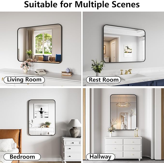 Koonmi Bathroom Mirror, 30X40 Inch Black Metal Framed Mirror for Bathroom, Tempered Glass, Anti-Rust, Rounded Rectangle Mirror for Restroom, Bedroom, Black