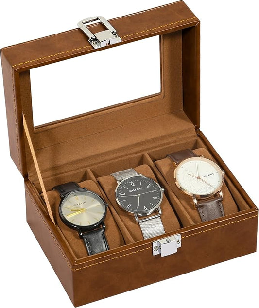 Uten 3-Slot Watch Box, PU Leather Watch Case with Glass Lid, Watch Holder Organizer with Soft Pillow and Velvet Lining, Watch and Jewelry Storage Box, Brown