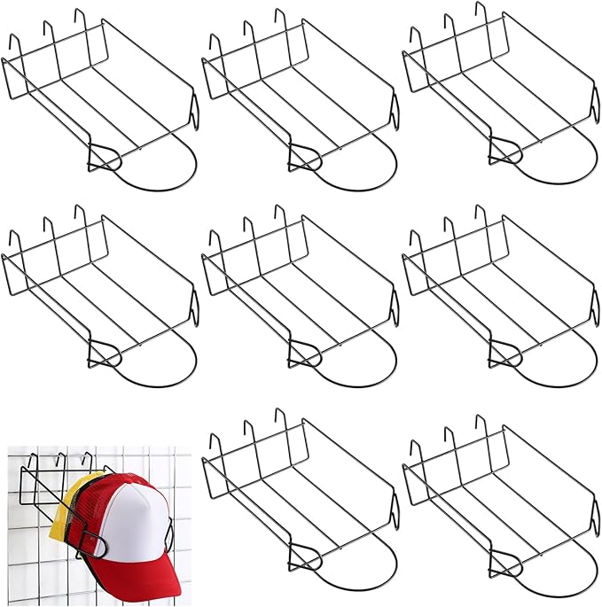 8 Pcs Gridwall Hat Display Rack, Metal Wire Retail Display Shelves Gridwall Organizer Accessories for Grid Panel Displaying Baseball Hats for Home Commercial, Black