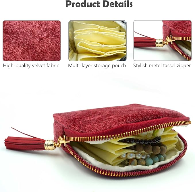 Travel Jewelry Case, Travel Jewelry Organizer, Travel Jewelry Bag with Zipper, Small Travel Jewelry Pouch for Necklaces Bracelets Bangles Rings Earrings Gemstones Storage (red)
