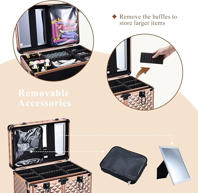 Adazzo Professional Makeup Artist Rolling Train Case Multi-functional Cosmetic Train Case Large Trolley Storage Case for Nail Technicians Cosmetology Case for Hairstylist Rose Gold