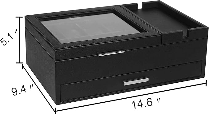 Mens Jewelry Box Valet Tray with Drawer and Charging Station Organizer,Nightstand Organizer for Men Jewelry Tray,Catchall Tray for Men Accessories