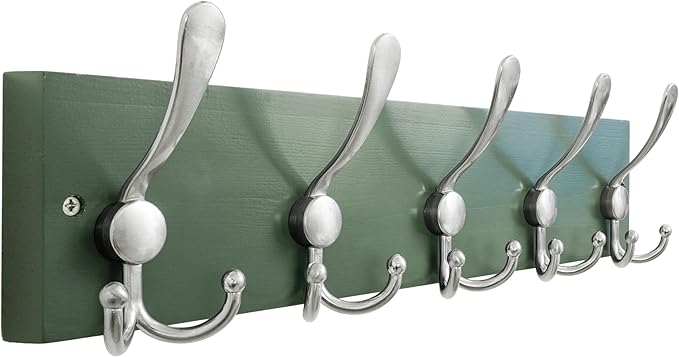 SKOLOO Creations Forest Green Solid Wood Wall Mounted Coat Rack, 5 Hooks, 16-7/8" Long - Kitchen, Mudroom, Entryway, Bathroom - Includes Mounting Hardware, Wall Coat Hanger, Towel Rack
