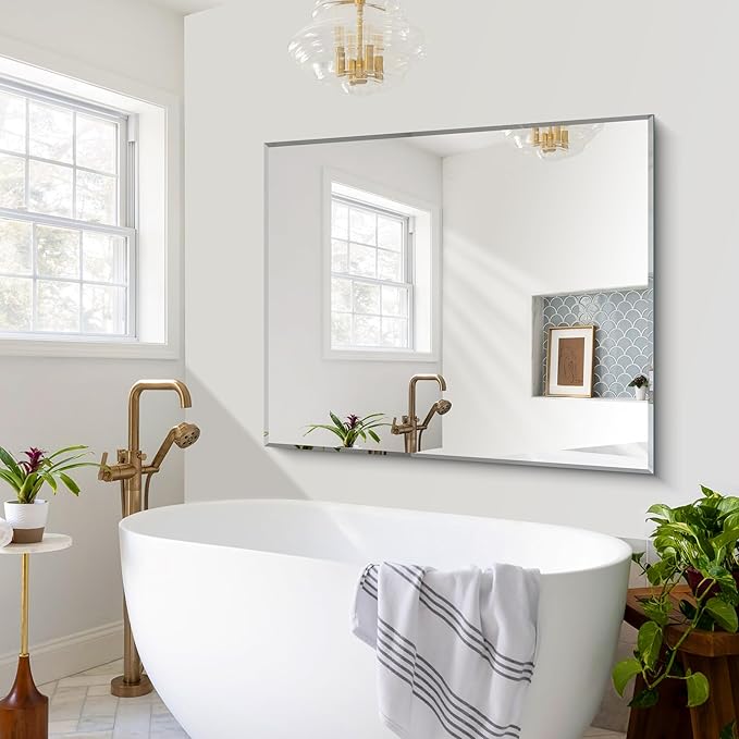 CILIBER Beveled Bathroom Mirror, 40x48 Inch Large Frameless Mirrors for Wall, Upgraded Shatterproof Rectangle Beveled Vanity Mirror Hangs Horizontally/Vertically for Bedroom, Living Room and Entryway