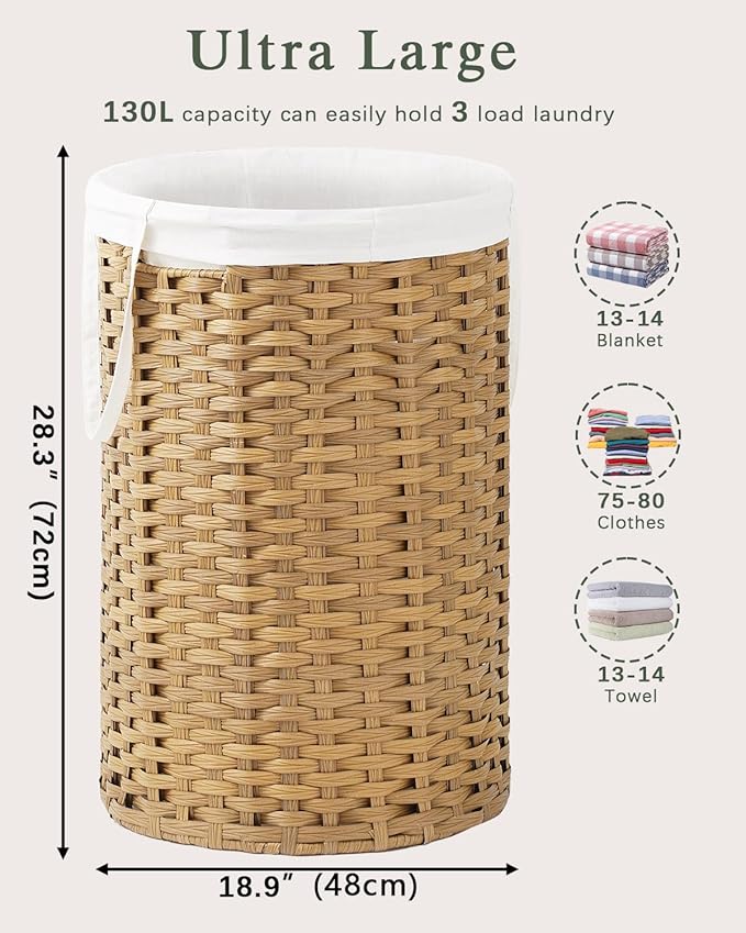 34.3 Gal (130 L) Large Laundry Hamper Laundry Basket Round Handwoven Wicker Laundry Baskets Rattan Laundry Basket with Removable Bag Handles 2 Mesh Bags for Living Room Bedroom Natural(No Lid)