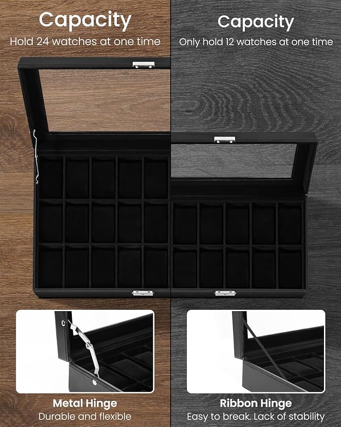Uten 24-Slot Watch Box, PU Leather Watch Case with Glass Lid, Watch Holder Organizer with Soft Pillow and Velvet Lining, Watch and Jewelry Storage Box