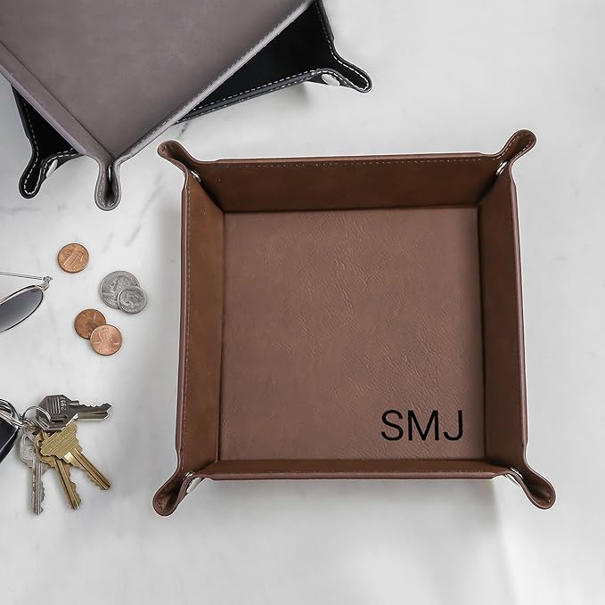 Lifetime Creations Monogrammed Valet Tray for Men (Brown) - Personalized Vegan Leather Catch All, Nightstand Desktop Desk Organizer for Coins, Keys, Watch