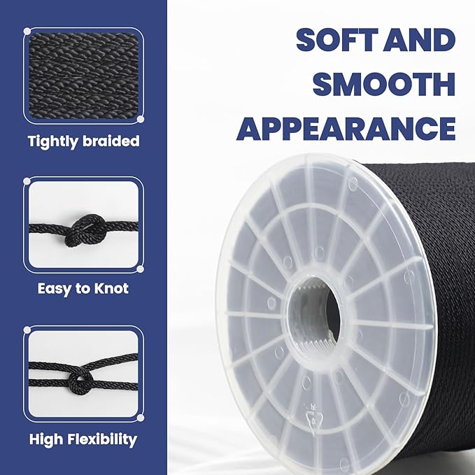 MERIANE Black Nylon Rope 1/8inch 500FT – Multipurpose Solid Braided Rope – Ideal Use for Camping, Clothesline, Marine, Flag Line – Abrasion & UV Resistant – Shock Absorption Rope for Indoor Outdoor