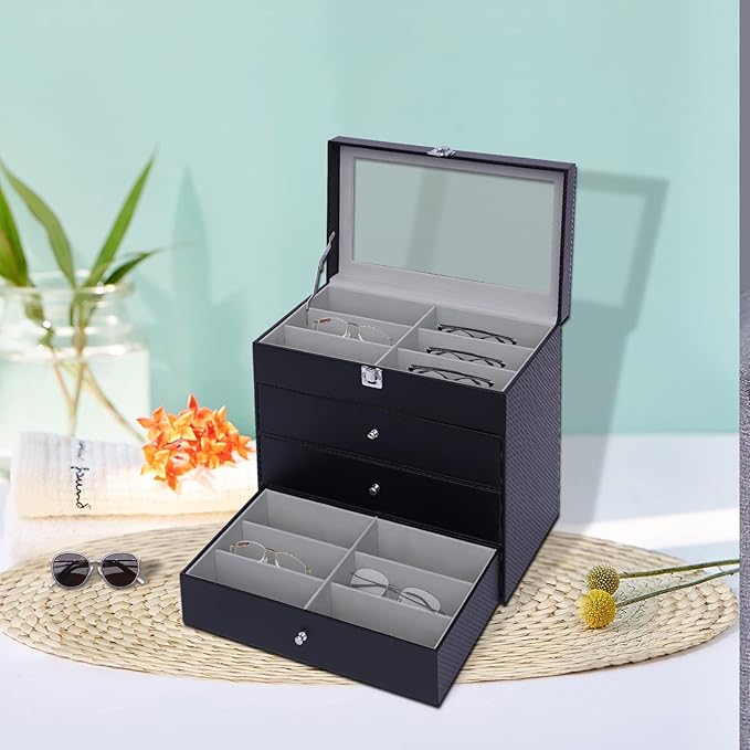 Sunglasses Organizer, Sunglasses Storage Organizer, Eyeglasses Storage Glass Top Lockable Case Organizer Eyeglasses Display Box for Women Men (Black)