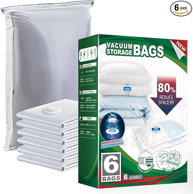 TAILI 6 Pack Vacuum Storage Bags, Jumbo Vacuum Seal Bags for Clothing (40x31 Inch), Large Space Saver for Clothes, Pillows, Bedding, Sweater, Closet Organization