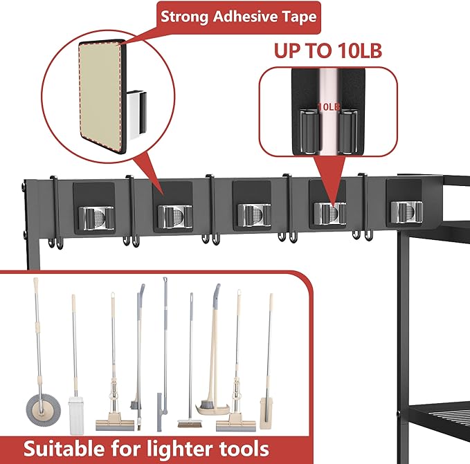GIOTORENT Metal Cleaning Cart with Wheels - Rolling Broom Holder & Supplies Organizer, 10 Adjustable Clips, 5 Double-Hooks, 3-Tier Shelves, Brakes for Home, Commercial, Black