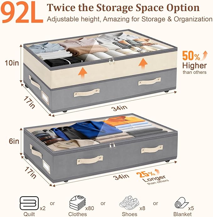 Dolicer 4 Pack Under Bed Storage with Wheels, 6in-10in Height Adjustable Underbed Storage Containers, 92L XXXL Under Bed Drawers Rolling Bin with Clear Lids for Dorm Shoes Clothes Organizers(Grey)