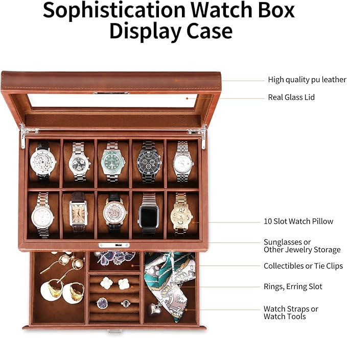 Leather Watch Box with Drawer-10 Slots Locking Jewelry Watches Holder for Men-Luxury Watch Case Display Organizer-2 Tier Organizer Watch Showcase-Storage Case