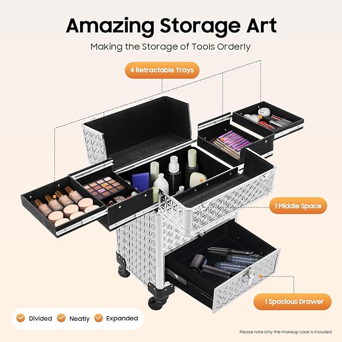 Professional Rolling Makeup Case Pro Makeup Artist Cosmetic Train Case Hairstylist Travel Case Portable Make Up Station with Lockable Drawer & 4 Swivel Wheels - Silver