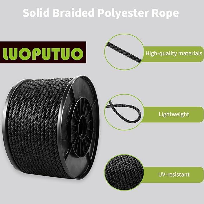 5/16 Inch 250FT Black Polyester Solid Braid Rope | High UV & Abrasion Resistance | Industrial Grade, Low Stretch | Multipurpose for Flag Poles, Clotheslines