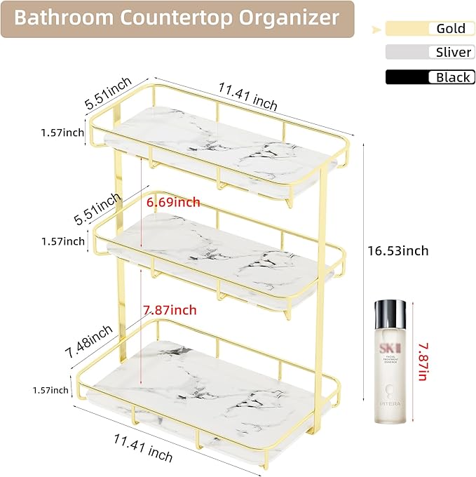 Bathroom Organizer Countertop Perfume Organizer Makeup Organizer Cosmetics Storage Display Rack Vanity Tray Dresser Stainless Steel Gold Shelf White Marble Ceramic Tray