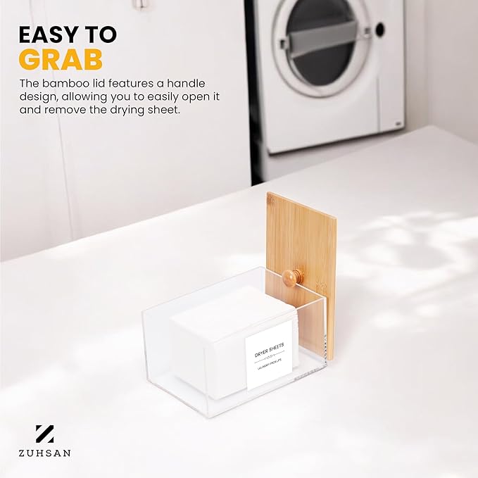 Dryer Sheet Holder with 30 waterproof Labels, Acrylic made tissue box holder, Acrylic Container Storage Box for Laundry Room Organization, Holds Sheets, Balls, Clothes Pins, Laundry Pods
