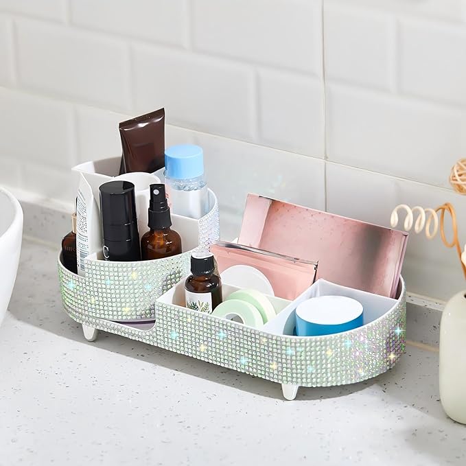 Teen Girls Women Gift 360 Rotating Bling Makeup Organizer Large Rhinestone Diamond Bathroom Organizer Girly Skin Care Brush Holder for Countertop,Bathroom Essentials (Silver,Rhinestone)