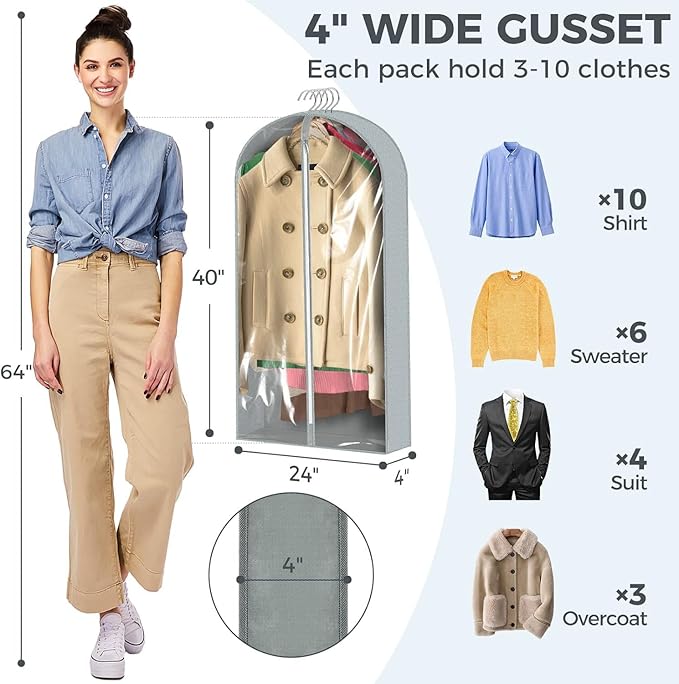 10 Pcs 40" Garment Bags for Hanging Clothes, Clear Suit Bags for Closet Storage Clothing Storage, Garment Bags Shoulder Covers with 4" Gussets for Coats, Jackets, Shirts and Sweater