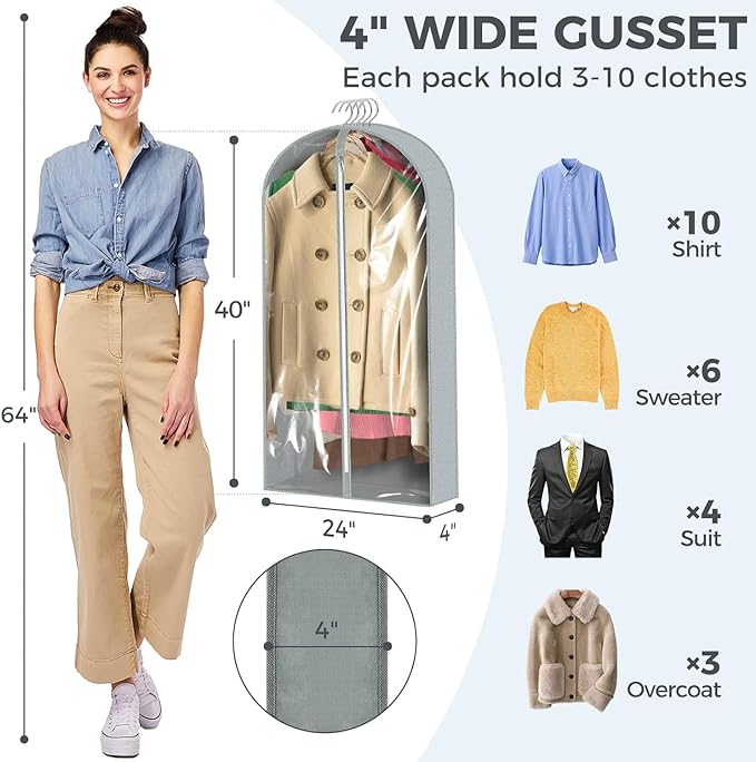 1 Pcs 40" Garment Bags for Hanging Clothes, Clear Suit Bags for Closet Storage Clothing Storage, Garment Bags Shoulder Covers with 4" Gussets for Coats, Jackets, Shirts and Sweater