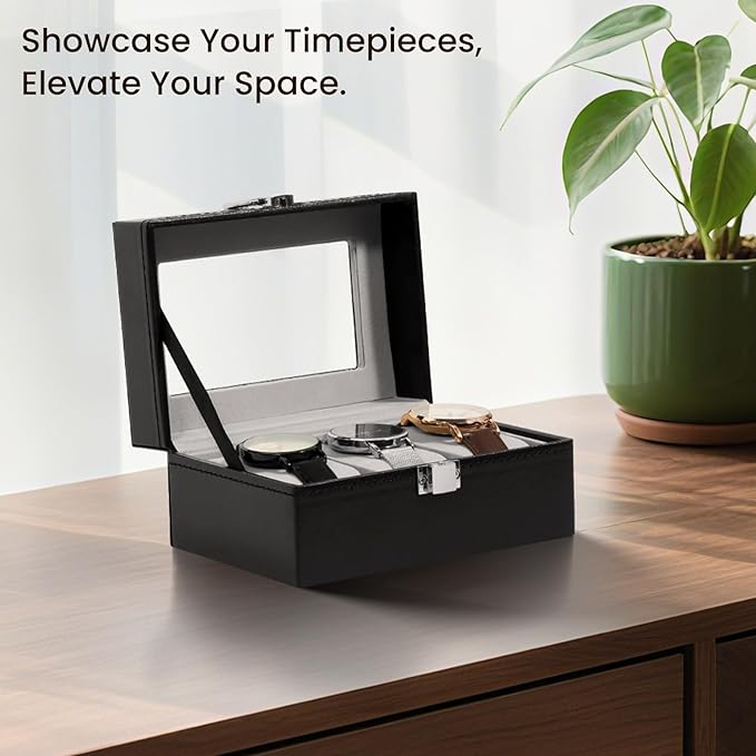 Uten 3-Slot Watch Box, PU Leather Watch Case with Glass Lid, Watch Holder Organizer with Soft Pillow and Velvet Lining, Watch and Jewelry Storage Box