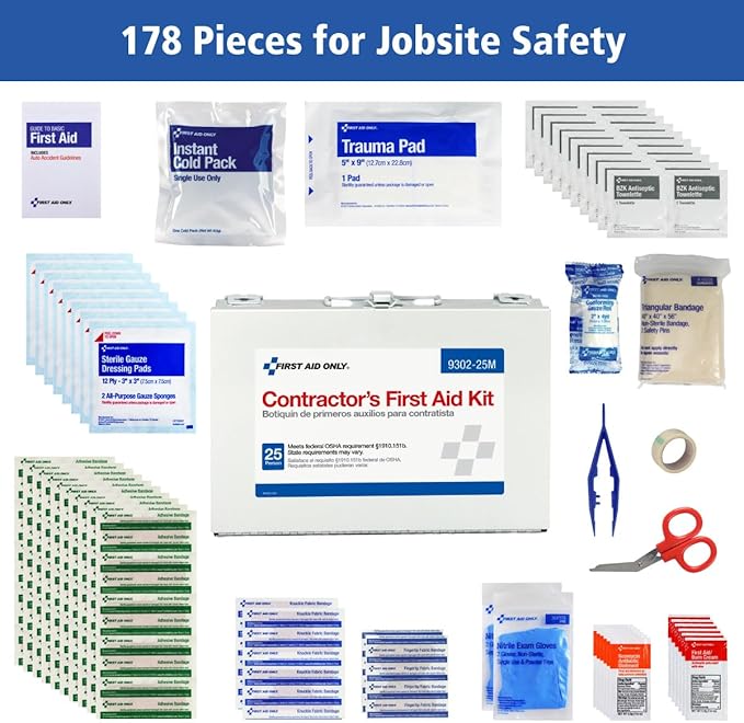 First Aid Only 9302-25M 25-Person Contractor's First Aid Kit for Home Renovation, Job Sites, and Construction Vehicles, 178 Pieces, White