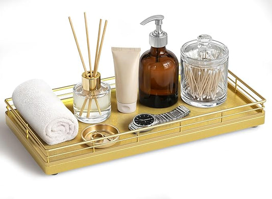 Bathroom Vanity Tray – 12" x 6" Oak Decorative Wooden Tray for Toilet Tank Organizer, Wood Tray for Bathroom Countertop, Soap, Perfume, Storage Vanity Dresser Decor for Bathroom Essentials Gold