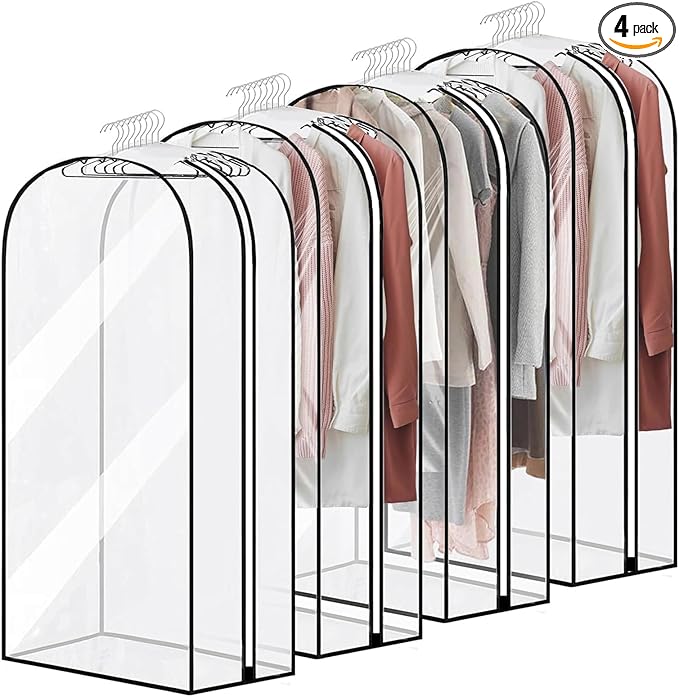 4 Pack 10" Gusseted Garment Bags, 40" Clear Suit Bags for Closet Storage, Hanging Clothes Covers with Zipper, Closet Dust Cover Protector Bag Cover for Jacket, Coat, Shirts, Dress, Sweater