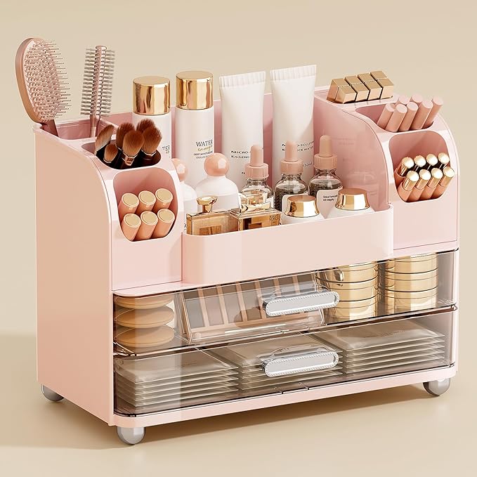 Makeup Organizer for Vanity with 2 Large Drawers, Cosmetic Display Case with Brush Holders, Easy to Storage for Bathroom Countertop Skincare, Desk Office Supplies, Pink