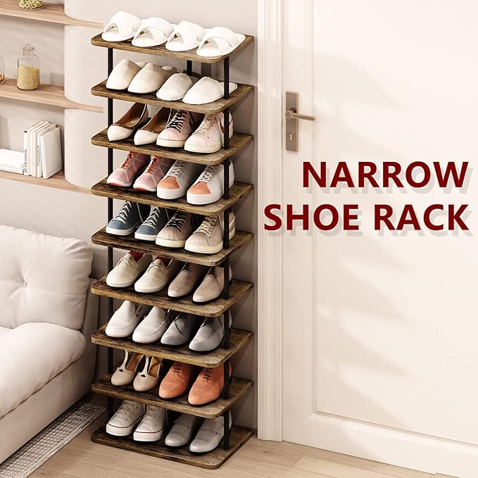 AZERPIAN Shoe Rack 9 Tier Vertical Storage Organizer Double Row Narrow Metal Slim Shelf Modern Free Standing Shoe Tower Saving Space for Closet Entryway Bedroom,Black+Rustic Brown