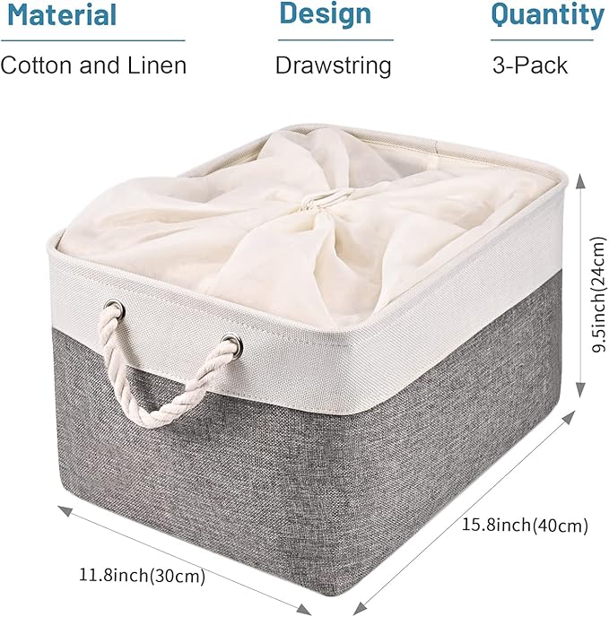 HOdo Home 15.8×11.8×9.5 In/3PCS Storage Bins, Fabric Bin with Drawstring Closure and 2 Bold Handles, Collapsible Large Canvas Baskets for Organizing Shelf Nursery Home Closet (White and Grey)