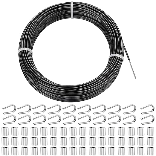 TooTaci 1/8 Black Vinyl Coated Stainless Steel Cable, 100ft Wire Rope with 50pcs Crimping Sleeves and 20pcs Thimbles, 7x7 Strand Core Metal Cable for String Light, Shade Sail, Clothesline, Curtain