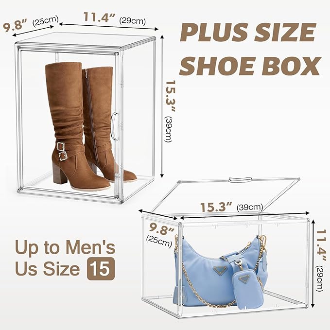 XX-Large Clear Handbag Storage Organizer for Closet Acrylic Display Case Clear Purse Organizer 15 x 12 Inch Plastic Storage Box for Boots, Big Tote Bag, Collectibles, Cosmetic, 2 Pack