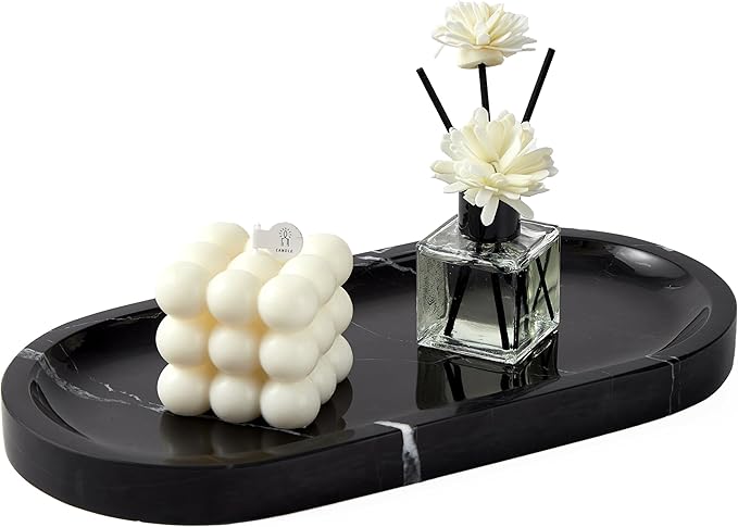 Denique Natural Marble Bathroom Tray, 12"x6" Vanity Tray Black Marble Decorative Tray, Countertop Organizer for Perfume & Candles, Jewelry Dish Ring Holder for Bathroom Counter, Vanity, Dresser