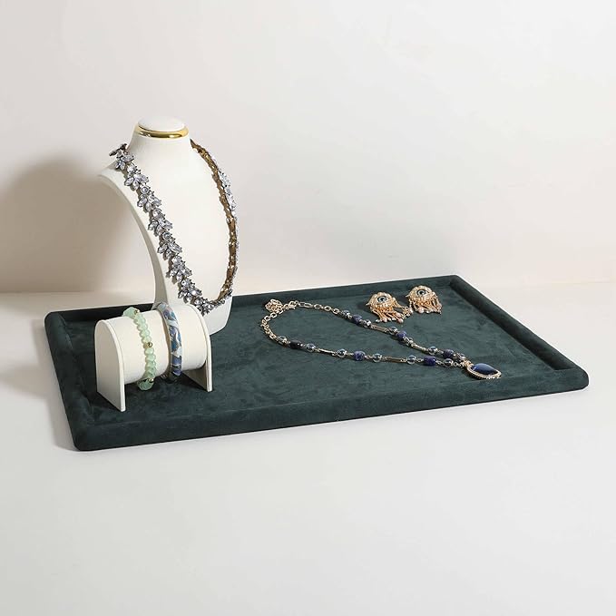 Rectangle Jewelry storage organizer plate, Velvet Jewerly display tray, Empty showcase tray for Necklace Bracelet Ring Earring【Green-Large, 17.7 x 11.8 in 】