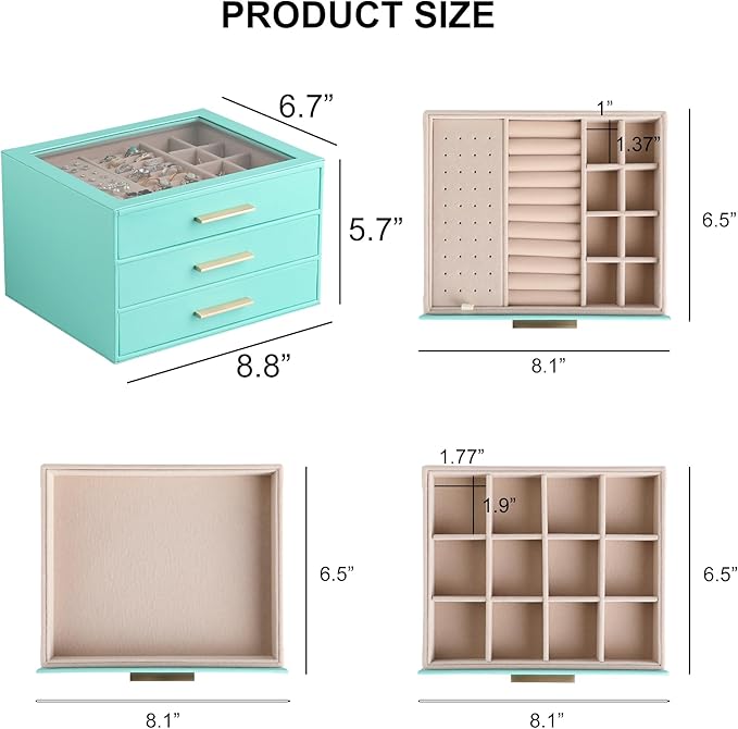 Frebeauty Clear Lid Jewelry Box,3-Layer Jewelry Organizer with Drawer,PU Leather Jewelry Organizers and Storage,Jewelry Boxes for Women,Jewelry Storage for Rings Earring Stud,Gift for Women(Turquoise)