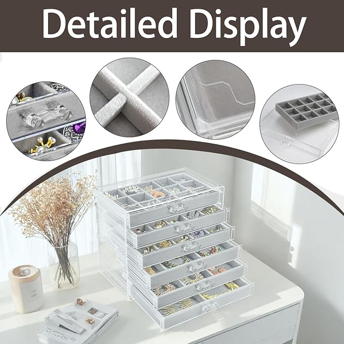 Acrylic Jewelry Box with 6 Drawers, Clear Earring Storage Organizer Display Case for Women Girls, Gray