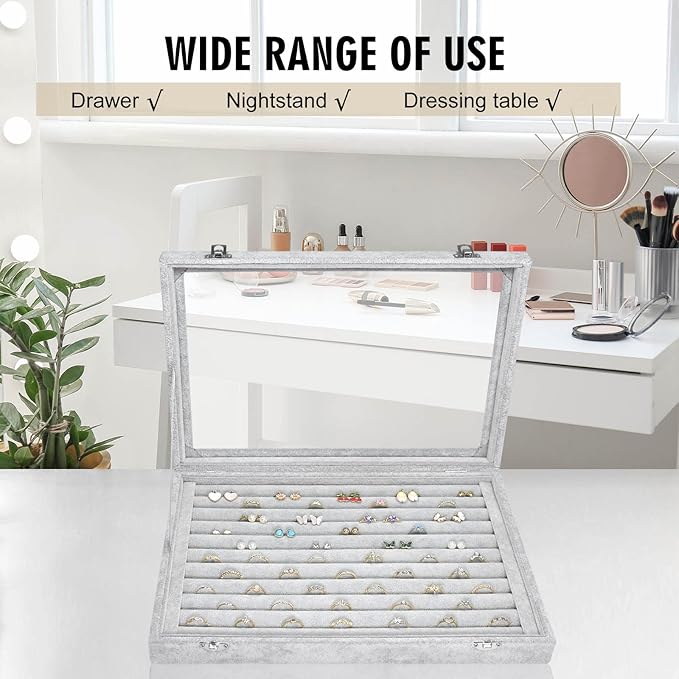 Rings Organizer Tray 10 Slots Velvet Ring Display Tray Insert Jewelry Earring Storage Box with Transparent Glass lid Can Hold 100 Rings Earrings Suitable for Girls and Women (Grey)