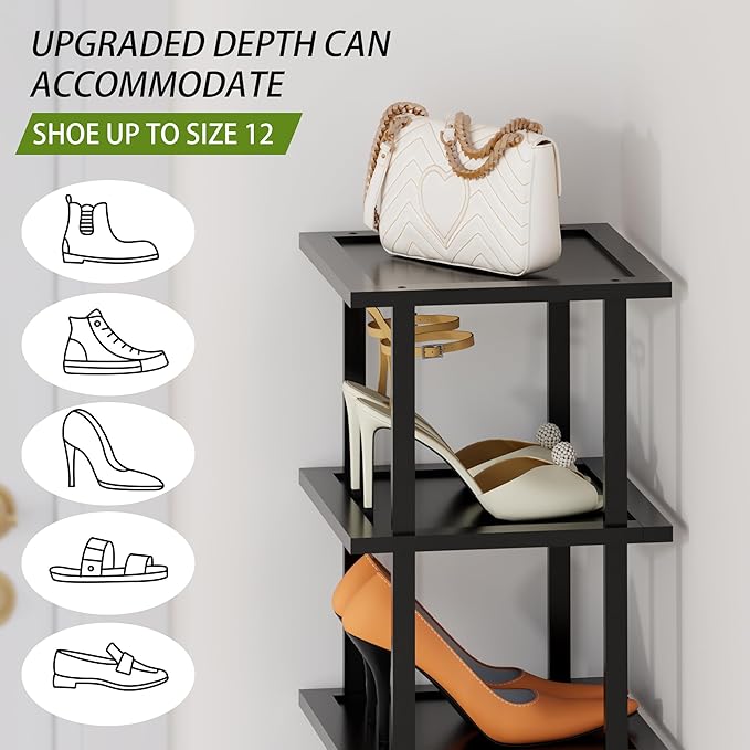 Vertical Tall Shoe Rack Organizer for Entryway -12 Tier Free Standing Slim Narrow Bamboo Wood Corner Stackable Shoe Boots Storage Stand Small Spaces for Closet Garage Cloakroom Living Room (Black)