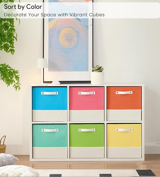 Storage Cube Bins | 7.7 oz/yd² Fabric Cubby Organizer Baskets for Shelf, Bookcase, Closet, Cabinet, Wardrobe | 11x11 Cube Drawer | 6 Pack, Macaron & Cream White, 10.5x10.5x11 Inch