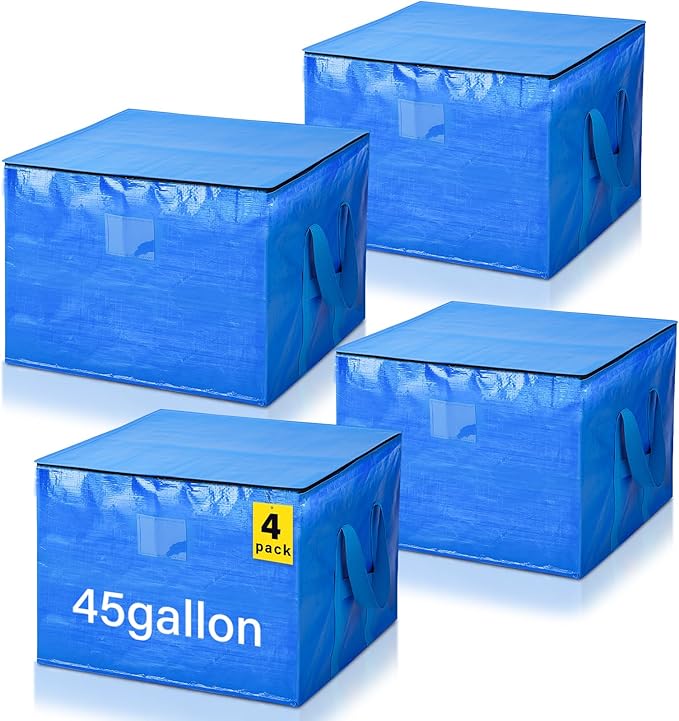 4 Pcs 45 Gallons Large Moving Bags with Zipper and Handles Foldable Storage Duffle Bags Heavy Duty Extra Large Totes for College Dorm Travel Clothes Blankets Bedding Moving