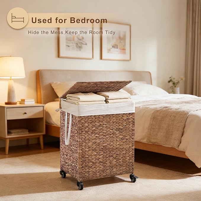 2-Section Laundry Hamper with Lid, Large Capacity Woven Natural Water Hyacinth Laundry Sorter with Removable Liners, Rolling or Non-Slip Design for Bedroom (Espresso, 2-Section)