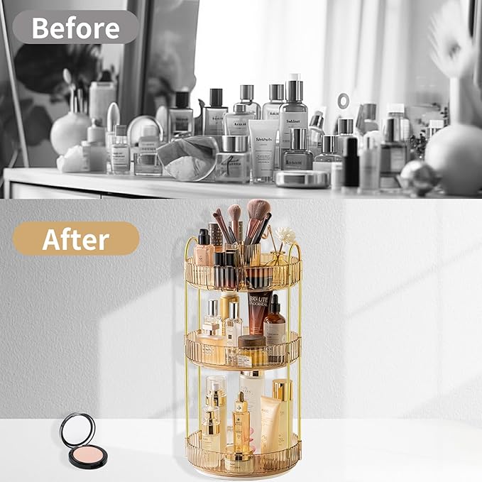 360 Rotating Makeup Organizer,3 Tier Large Capacity Make Up Organizers and Storage,Skincare Perfume Vanity Organizers,Bathroom Cosmetics Storage Organizer Countertop(Gold)