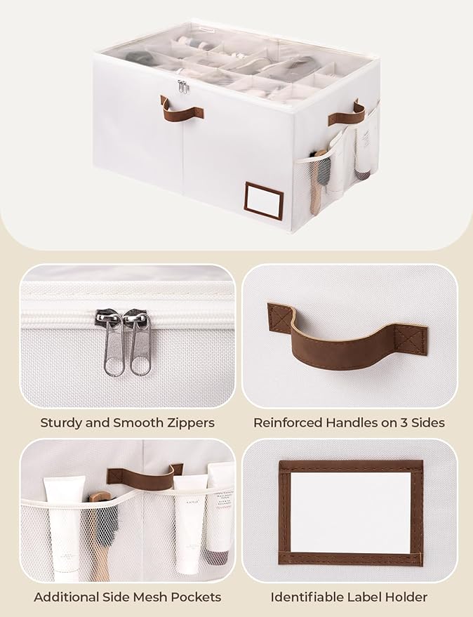 StorageWorks Shoe Organizer for Closet, Fits up to 20 Pairs, Shoe Cubby Storage Containers with Side Mesh Pocket and Clear Cover, Beige