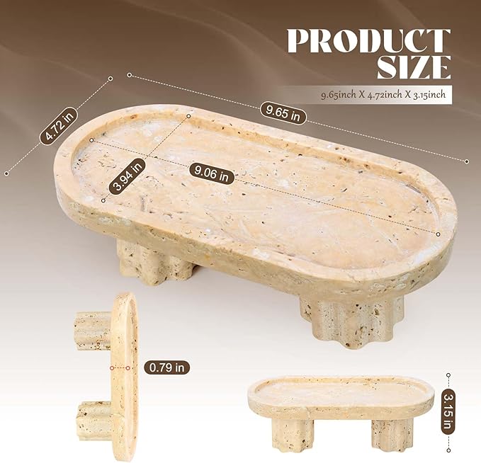 Natural Travertine Oval Tray with 2 Legs, 9.6"x4.7" Vanity Decorative for Countertop Ornaments, Catchall for Perfume, Candles, Jewelry Dish & Home Decor
