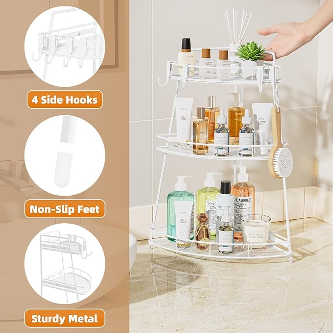 VITVITI 3 Tier Corner Bathroom Counter Organizer, Metal Bathroom Countertop Organizer Shelf Storage, Bath Room Sink Makeup Organizers for Vanity Skincare with Hooks, White