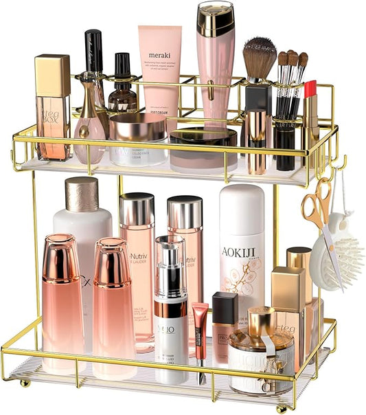 2 Tier Golden Bathroom Organizer Countertop, Small Countertop Organizer for Bathroom Decor, Kitchen Counter Shelf for Spice Rack and Snack, Vanity Makeup Organizers and Storage Tray for Bedroom