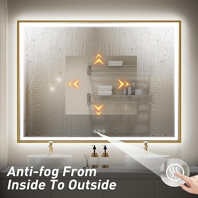 48X36 Inch Led Mirror for Bathroom with Front Light and Backlit,Gold Metal Frame Vanity Lighted Mirror for Wall,Double Lights Strips,Anti Fog Stepless 3 Colors Temperature & Dimmable